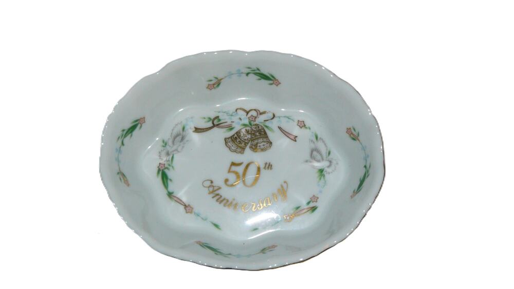 Vtg Lefton 50th Anniversary Scallop Porcelain Trinket Bowl Gold Bell Bird Floral